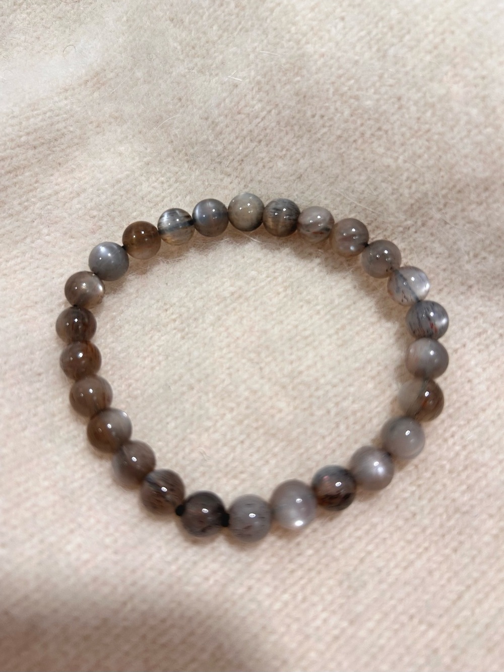 Natural Cat’s Eye Chalcedony Hand Made Gray Brown Silver Stretch Bracelet